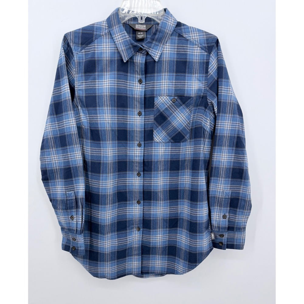 Outdoor Research Kulshan Flannel Tunic Women Medium Blue Plaid Shirt Pockets